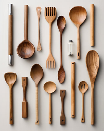different kitchen wooden utensils on a white background : Generative AIの素材