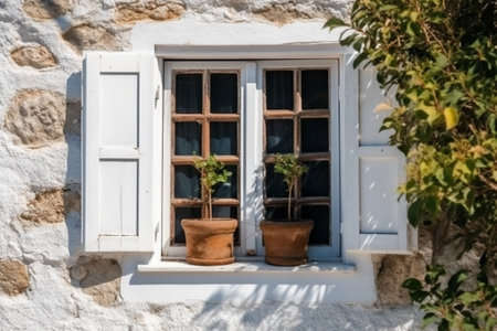 rustic window in white rural house : Generative AIの素材