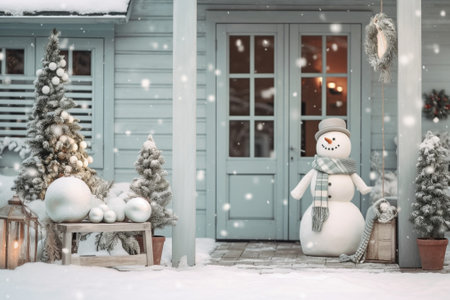 The wooden porch of the store decorated with Christmas decoration with a wreath on the door and dwarves on the bench Copy space High quality photo : Generative AIの素材