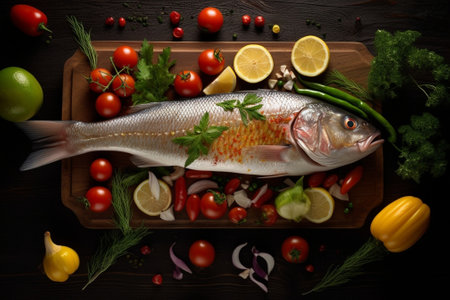 sea bass with vegetables and spices on white wooden background : Generative AIの素材