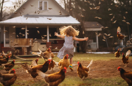 Little blond girl with braids in jeans shorts playing with a chicken on a farm : Generative AIの素材