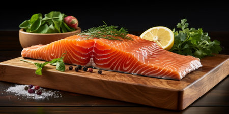 Stake salmon on a chopping board : Generative AIの素材