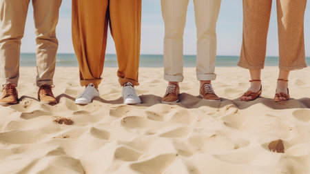 Big cute family of seven with newborn baby boy girl boys and teenager in yellow summer clothes posing at the sand beach against lifeguard tower Summertime : Generative AIの素材