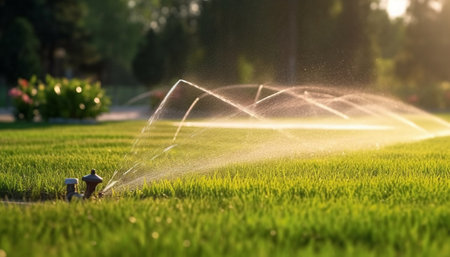 Watering green grass sprinkler Sprinkler with automatic system Garden irrigation system watering lawn : Generative AIの素材