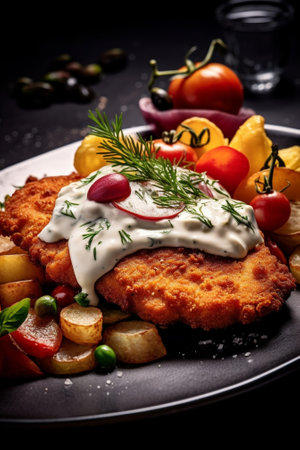 Waiter holding Viennese Schnitzel with fried potatoes rosemary and ketchup in the restaurant : Generative AIの素材