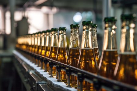 Beer bottles on a production line in a brewery Selective focus : Generative AIの素材