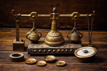 Collection of Thee Vintage Golden And Silver Calibration Weights on White Background : Generative AIの素材