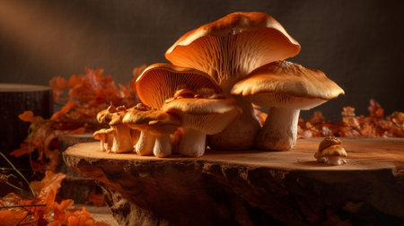 A pile of raw exotic mushrooms on a wooden plate : Generative AIの素材