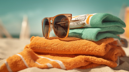 sunscreen towel and diving masks on the beach : Generative AIの素材