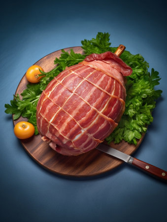 Jamon serrano Traditional ham on turquoise background : Generative AIの素材