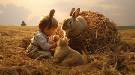 Two cute barefooted blond little kids playing in the haystack on the field in the summer sunset : Generative AIの素材