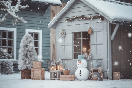 Santa Claus with a staff and snow maiden with a gift in their hands pose in the snow on the background of a Christmas house among the Christmas trees High quality photo : Generative AIの素材