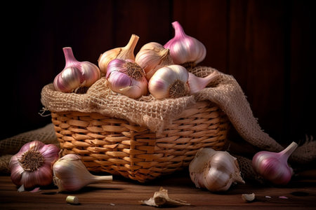 wreath of garlic on a dark wooden background : Generative AIの素材