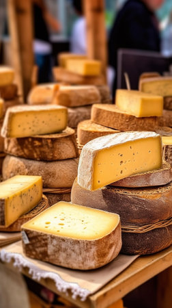 rustic french cheese wheels stacked on the marketplace : Generative AIの素材