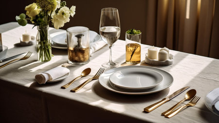 Beautifully decorated table with empty white plates glasses and cutlery on luxurious tablecloths : Generative AIの素材