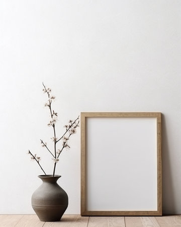 Wooden picture frame with a branch of pinetree and red flower on a white brick background : Generative AIの素材