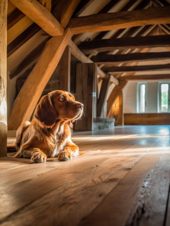 hunting dog in a wooden house : Generative AIの素材