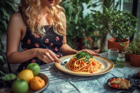 Woman in green dress having lunch with glass of white wine and fresh spaghetti with seafood Focus is at spaghetti : Generative AIの素材