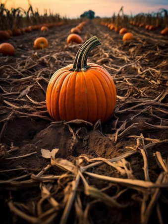 Orange organic pumpkin on field Selective focus : Generative AIの素材