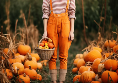 Cute little girl in a orange sweater red rubber boots and a pumpkin hat sits in a red trolley with large pumpkins in the autumn park : Generative AIの素材