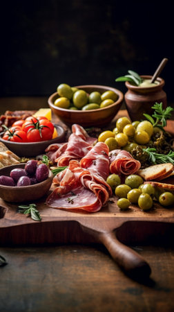 Antipasto catering platter with salami olives and cheese on a wooden background : Generative AIの素材