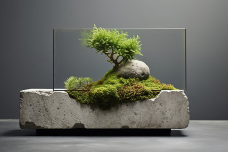 Florarium with green moss a deer on a wooden shelf next to cones a red star and a small Christmas tree High quality photo : Generative AIの素材