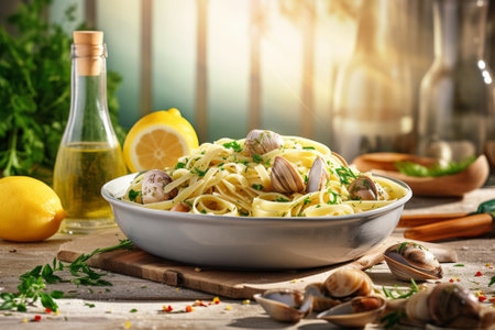 Tagliatelle with sea shells and spices in a white plate : Generative AIの素材