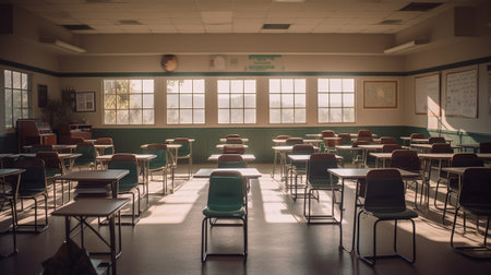 Empty classroom with desks and chairs : Generative AIの素材
