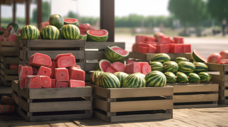 Heap of watermelon at farmers market : Generative AIの素材