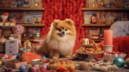 Portrait of red young male spitz posing on red and white background with Christmas candies Copy space : Generative AIの素材