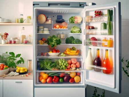 Looking inside a refrigerator with vegetables fruits herbs and homemade yogurts : Generative AIの素材