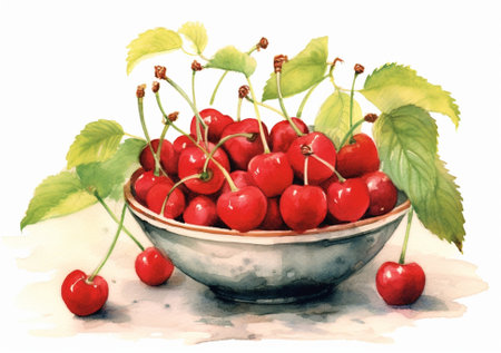 Bright Cherry in the bowl with leaf : Generative AIの素材