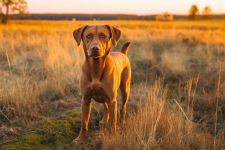 Brown hunting dog in the countryside : Generative AIの素材