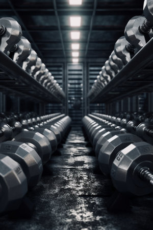 A rack of silver colored dumbbells : Generative AIの素材