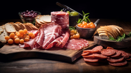 Arrangement of Delicatessen Cold Cuts with Smoked Ham Salami and Camembert Cheese closeup : Generative AIの素材