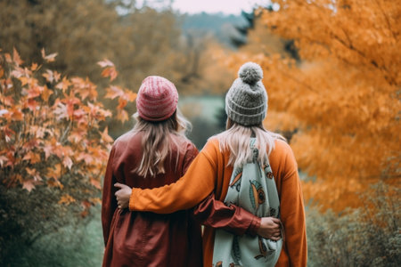 Mom brunette and blonde daughter in beige cap hold hands and look at each other in autumn park : Generative AIの素材