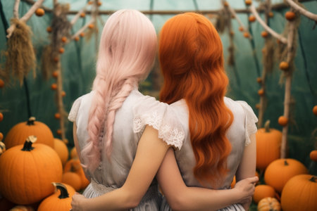 Young slim pretty women of four in autumn dresses posing with pumpkins at the outdoor pumpkins market place Autumn background : Generative AIの素材