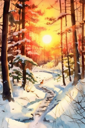 The sunset on the trails in the snow : Generative AIの素材