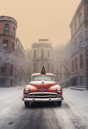 Two young blond brothers with curly hair in red and green winter clothes posing with tangerines siitting in old retro red car with tree and decor Snowing Holiday concept : Generative AIの素材