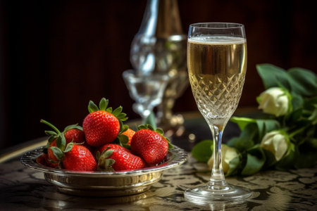 Champagne with red strawberries : Generative AIの素材