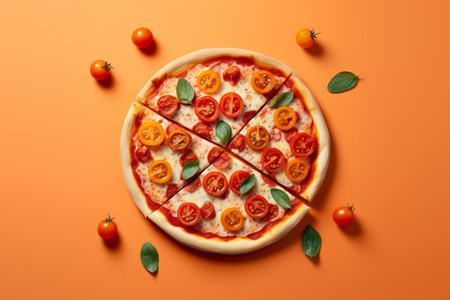 pizza with olive oil and tomatoes on a blue background Top view : Generative AIの素材