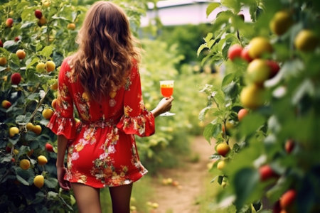 Woman in red dress and straw hat standing with her back and looking at cherry tree in the summer garden : Generative AIの素材