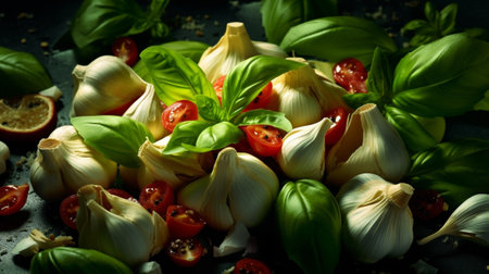 basil and garlic in a mortar : Generative AIの素材