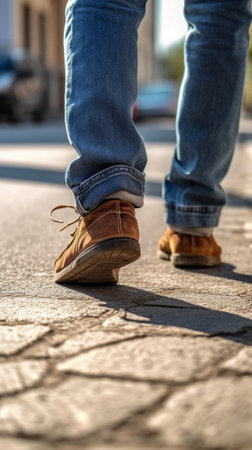 Pair of legs in traditional vintage brown boots and blue classic jeans : Generative AIの素材