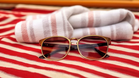 Smart blueeyed little boy in yellow diving goggles lying on Striped red and white beach towel and smiling happily Copy space : Generative AIの素材