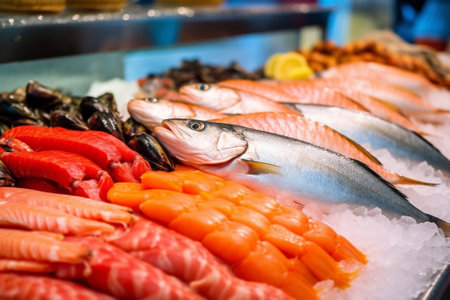 Seafood on ice in the shop : Generative AIの素材