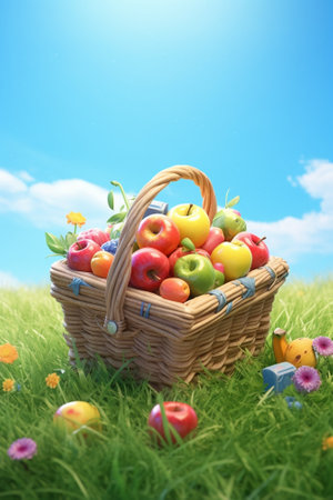 Wooden basket with bunch of apples peaches and plums on the grass : Generative AIの素材