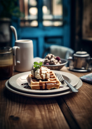 Homemade waffle dessert with chocolate biscuits and nuts : Generative AIの素材