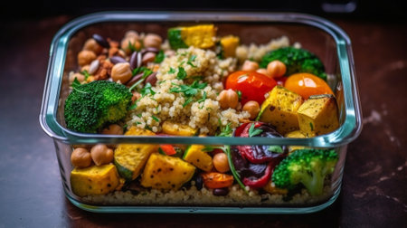 carrots broccoli chickpeas fish fillets onions and spices baked in the oven : Generative AIの素材