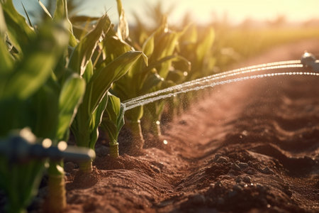 Watering the corn field during summer drought : Generative AIの素材